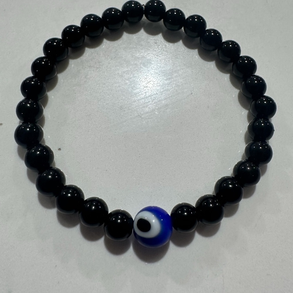 Black Beaded Bracelet with Evil Eye Charm